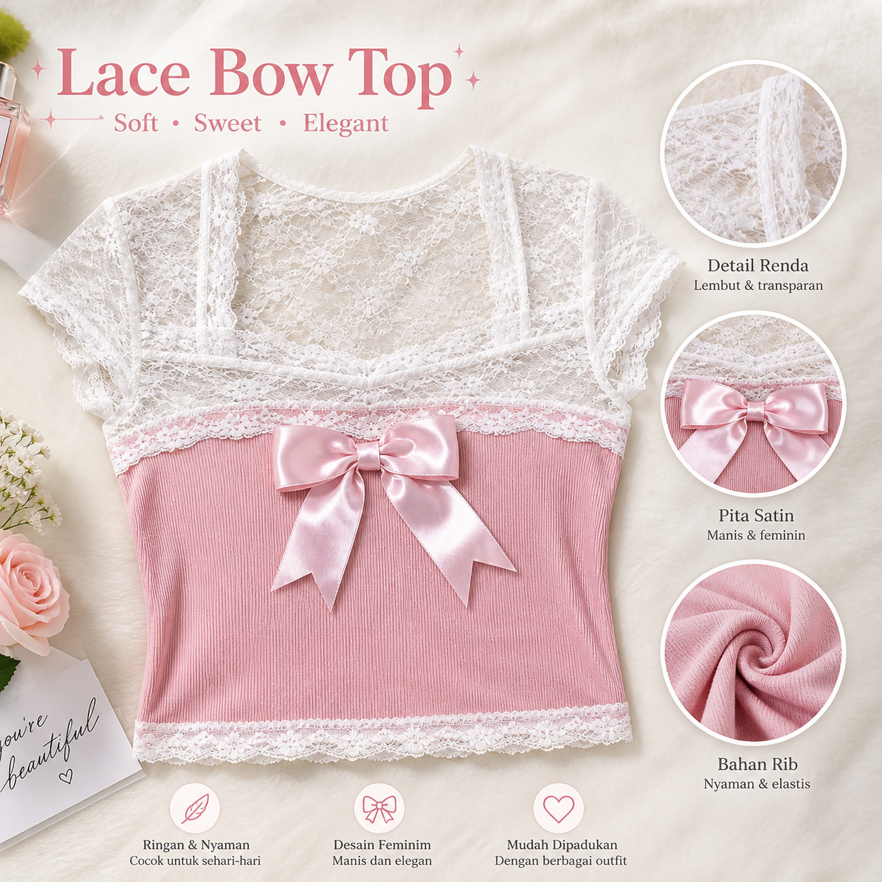 Pinky Lace Bow Top