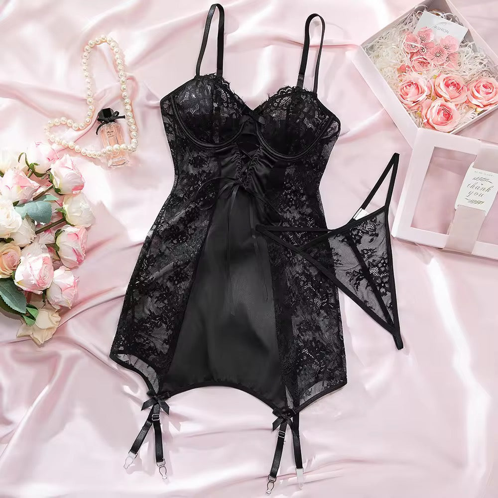 Millia Two Piece Satin Sleepwear + Stocking