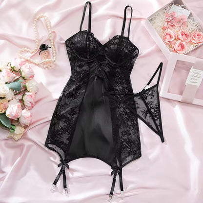 Millia Two Piece Satin Sleepwear + Stocking