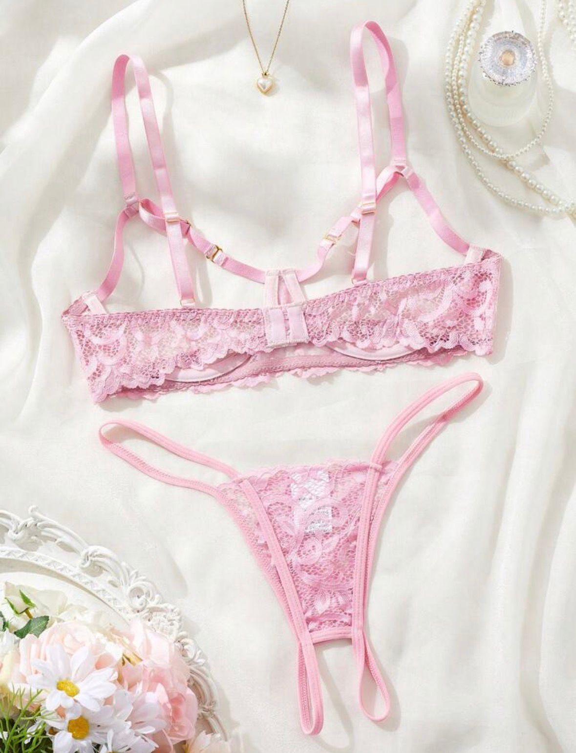 Flirty Lace Crotchless Two Piece Lingerie