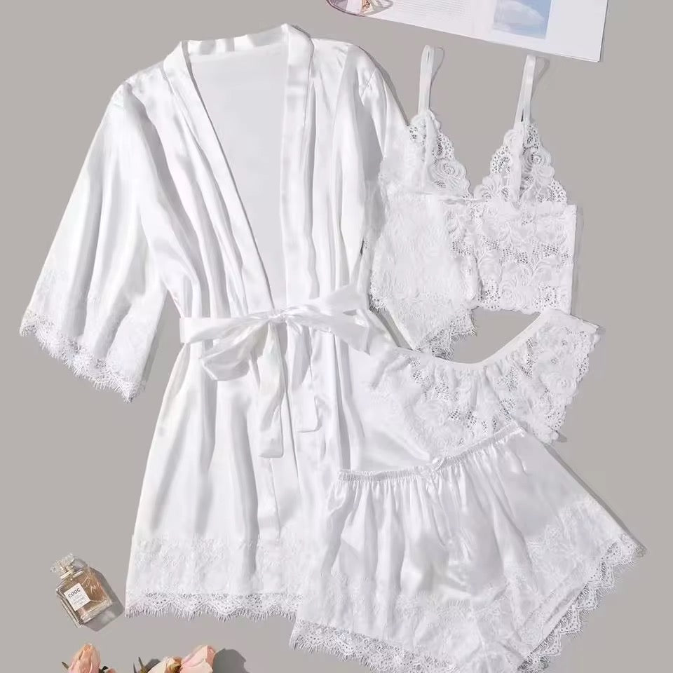 Pure White Set 4 Piece Satin Sleepwear + Robe