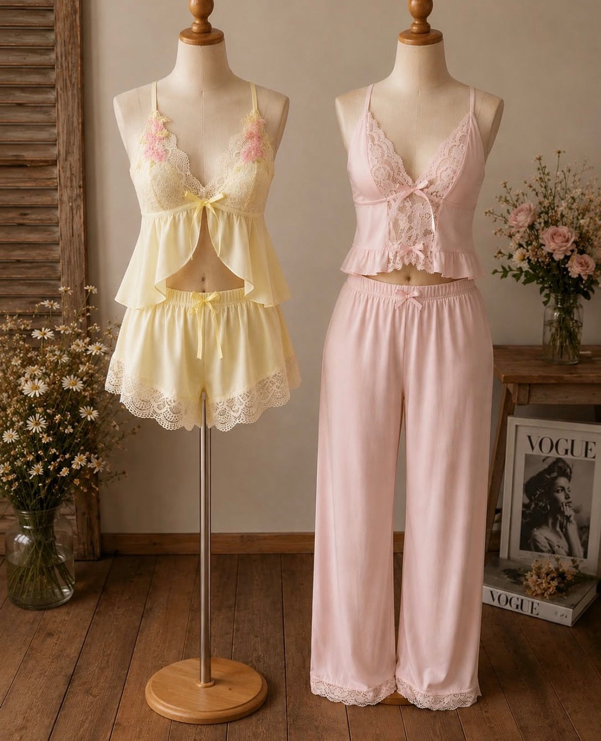 Lemonade Lace Silk Pajamas Set - Yellow