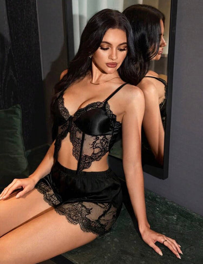 Coral Silk Dream Pajamas Set - Black
