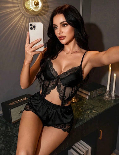 Coral Silk Dream Pajamas Set - Black
