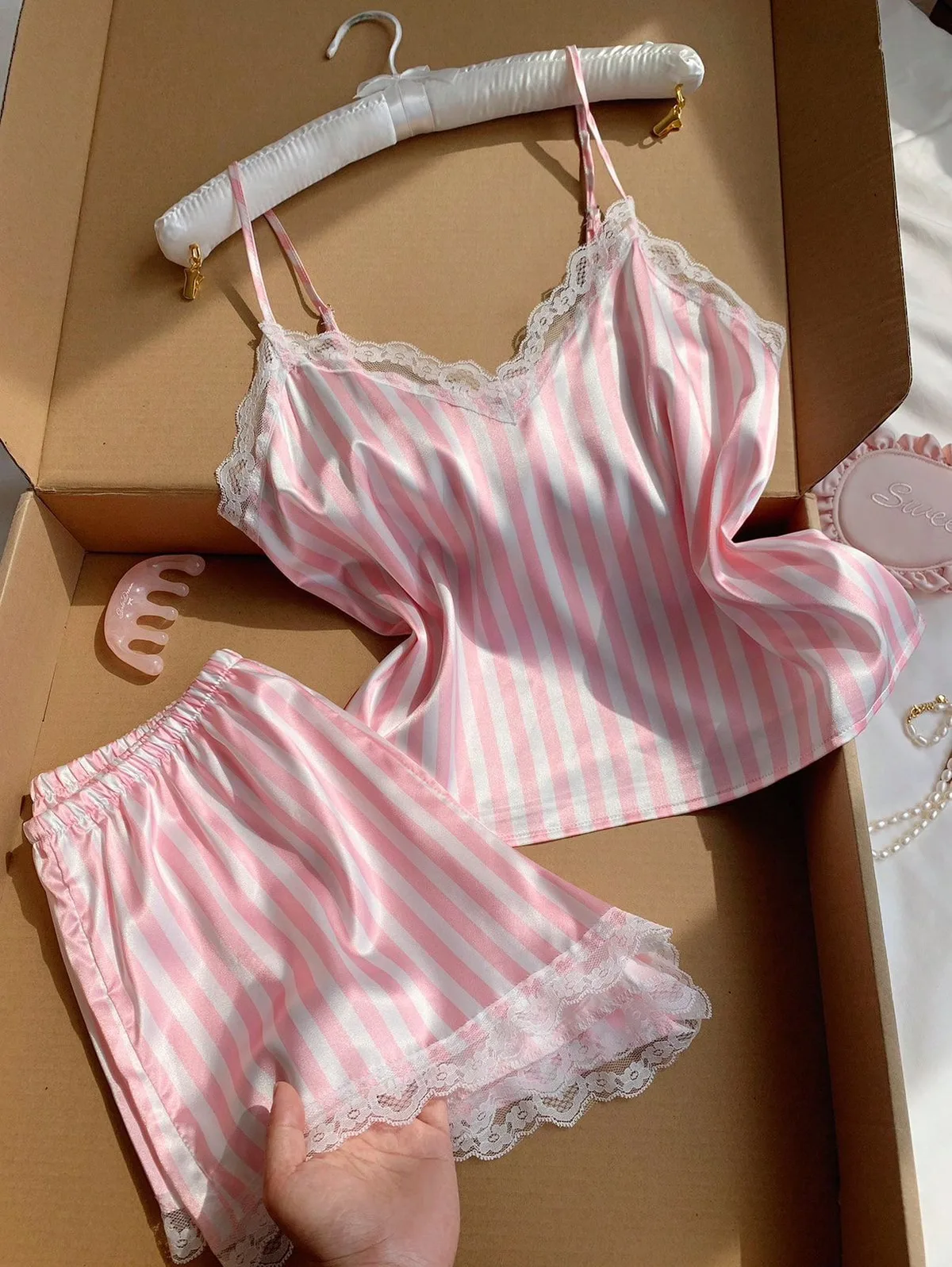 Pinky Satin Stripes Two Piece Set