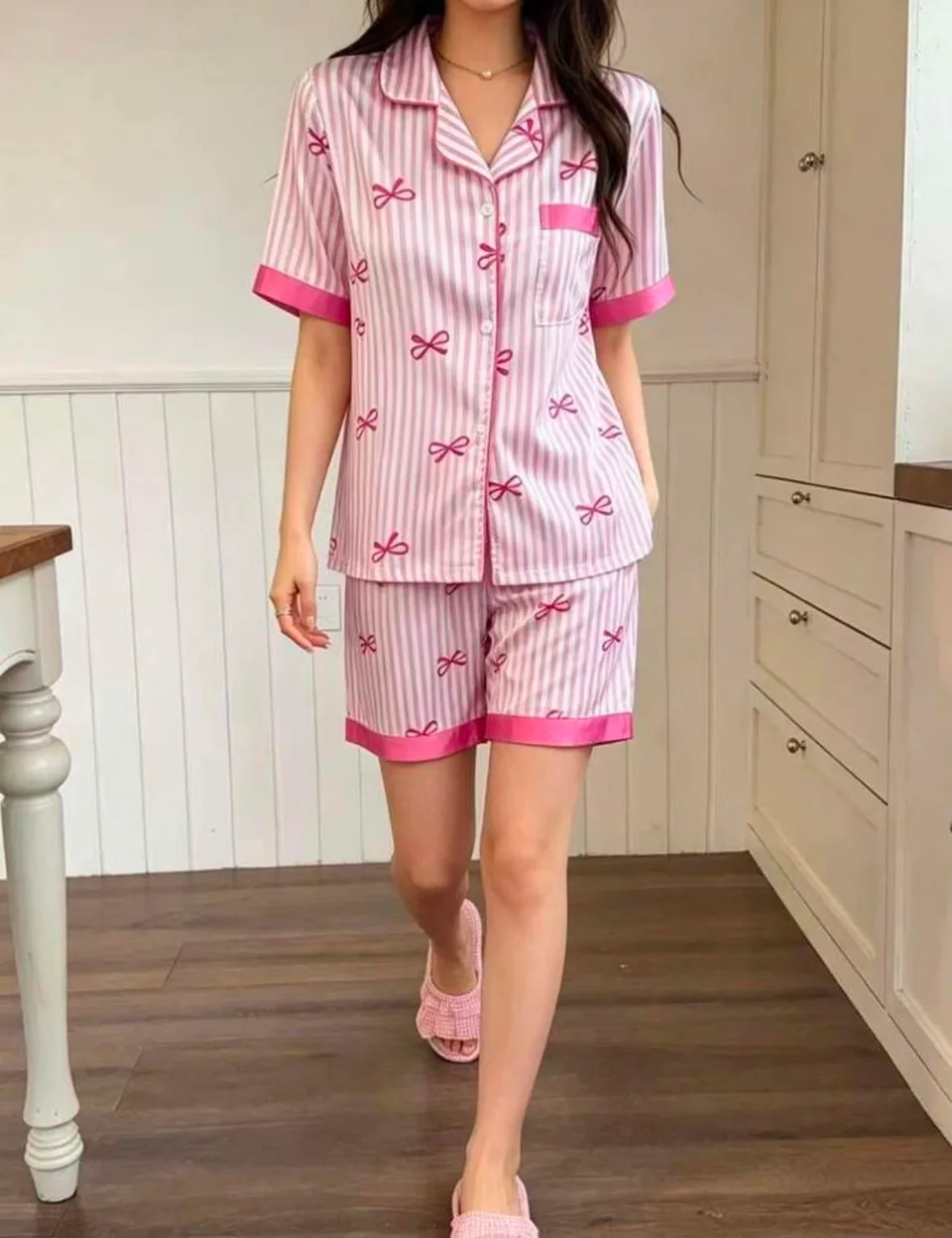 Lilany Ribbon Two Piece Satin Pajamas