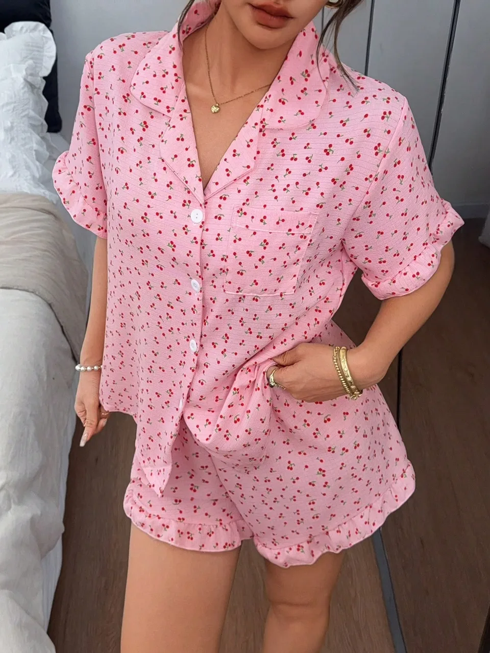 Cute Pinky Cherry Two Piece Pajamas