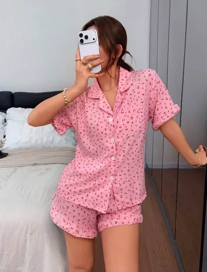 Cute Pinky Cherry Two Piece Pajamas