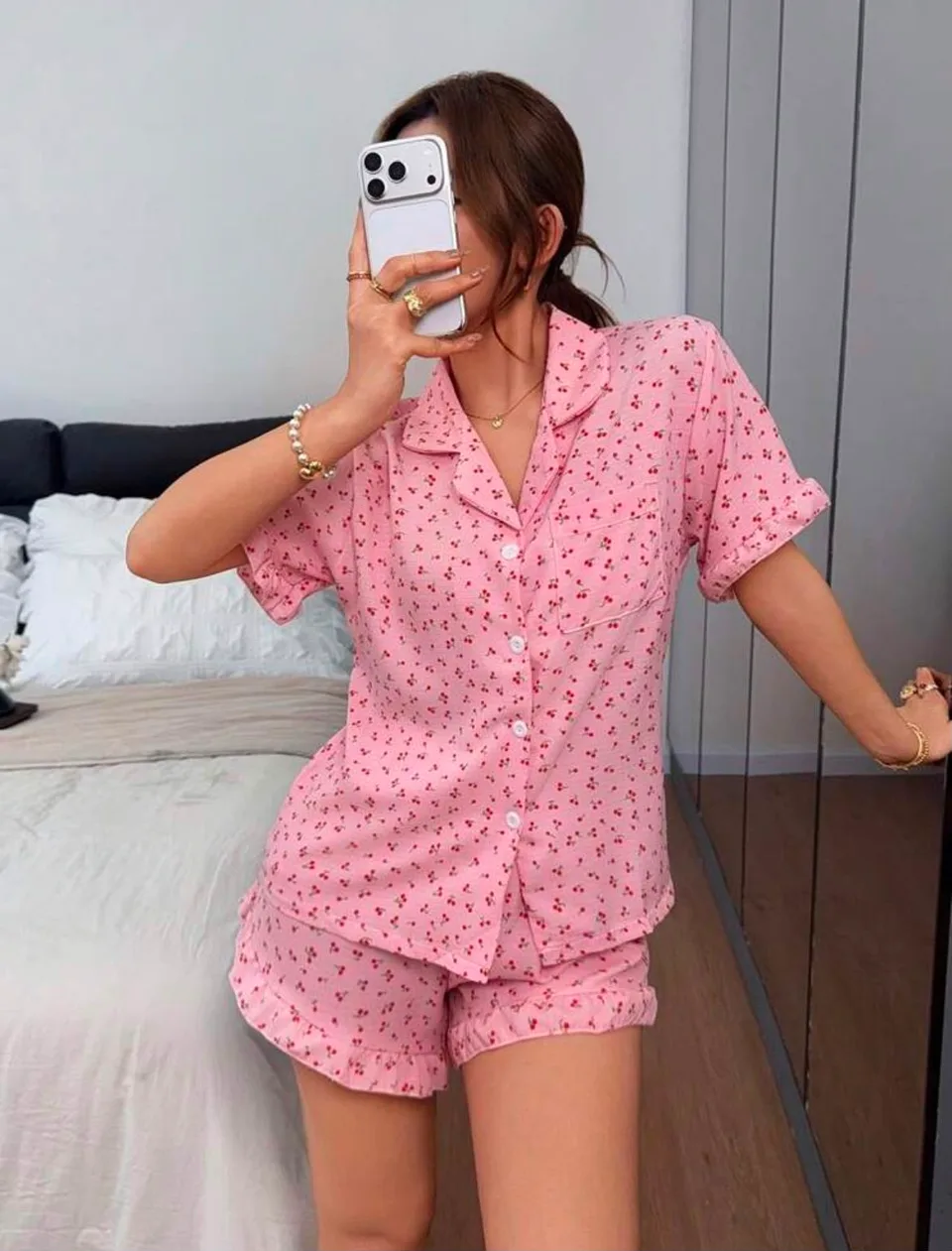 Cute Pinky Cherry Two Piece Pajamas