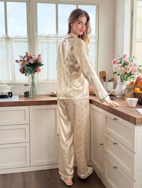 Reverie Faux Silk Love Two Piece Long Pajamas