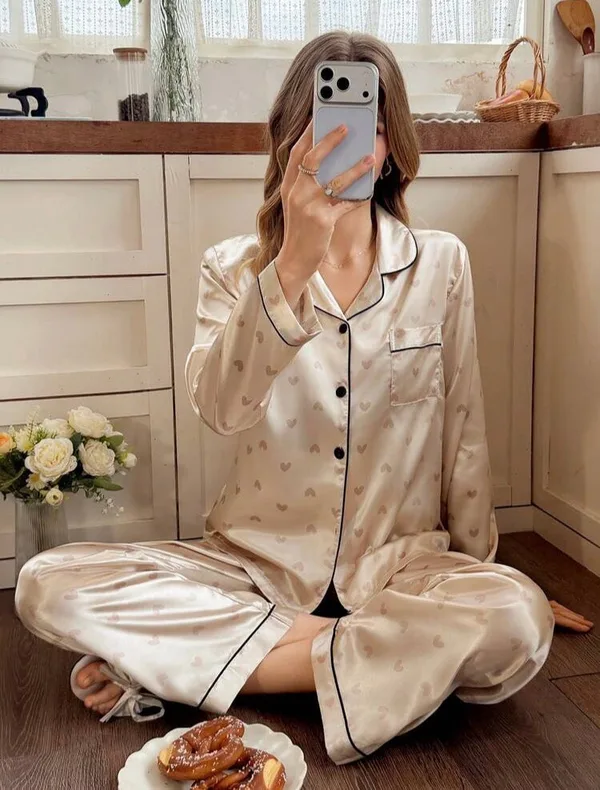 Reverie Faux Silk Love Two Piece Long Pajamas