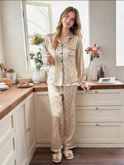 Reverie Faux Silk Love Two Piece Long Pajamas
